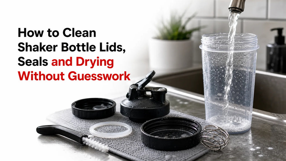 Illustrative shaker-bottle cleaning scene with a cup, removable parts and a brush beside a sink