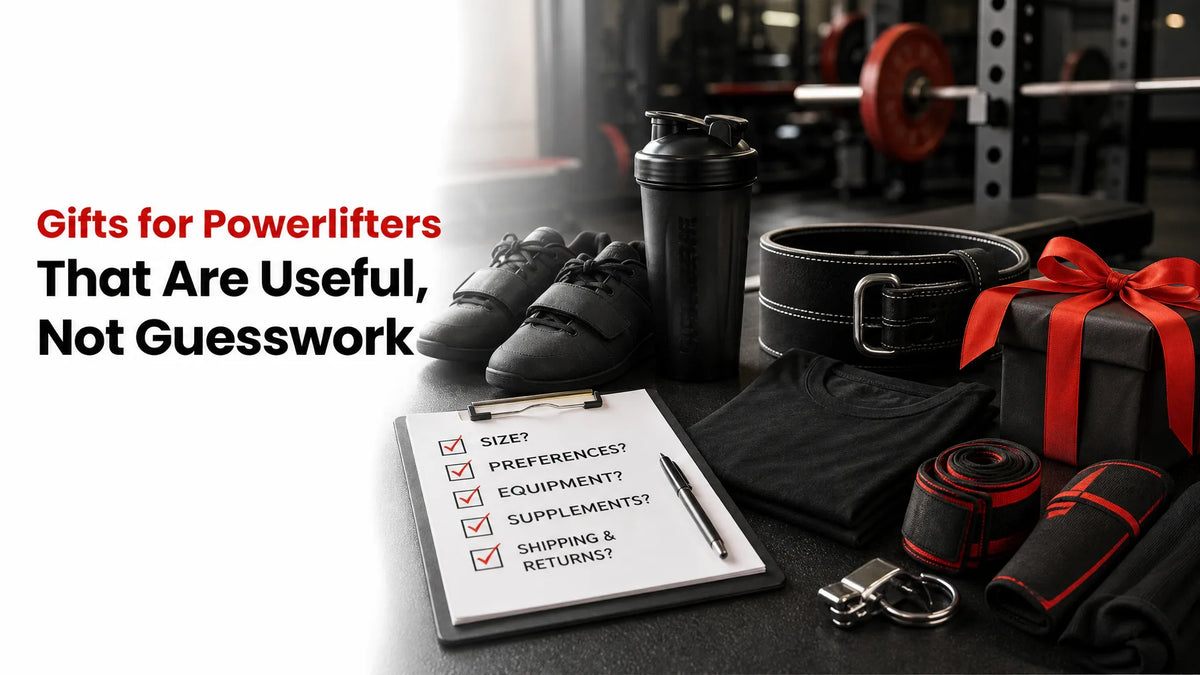 Illustrative powerlifting gift setup with a shaker, shirt, lifting accessories and a recipient checklist