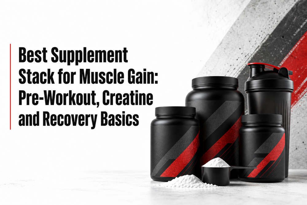 Shock Collar, Bite Down and BuffDawg products arranged for a pre-workout and creatine stack