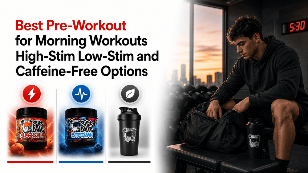 Best Pre-Workout for Morning Workouts image featuring high-stim and low-stim pre-workout products.