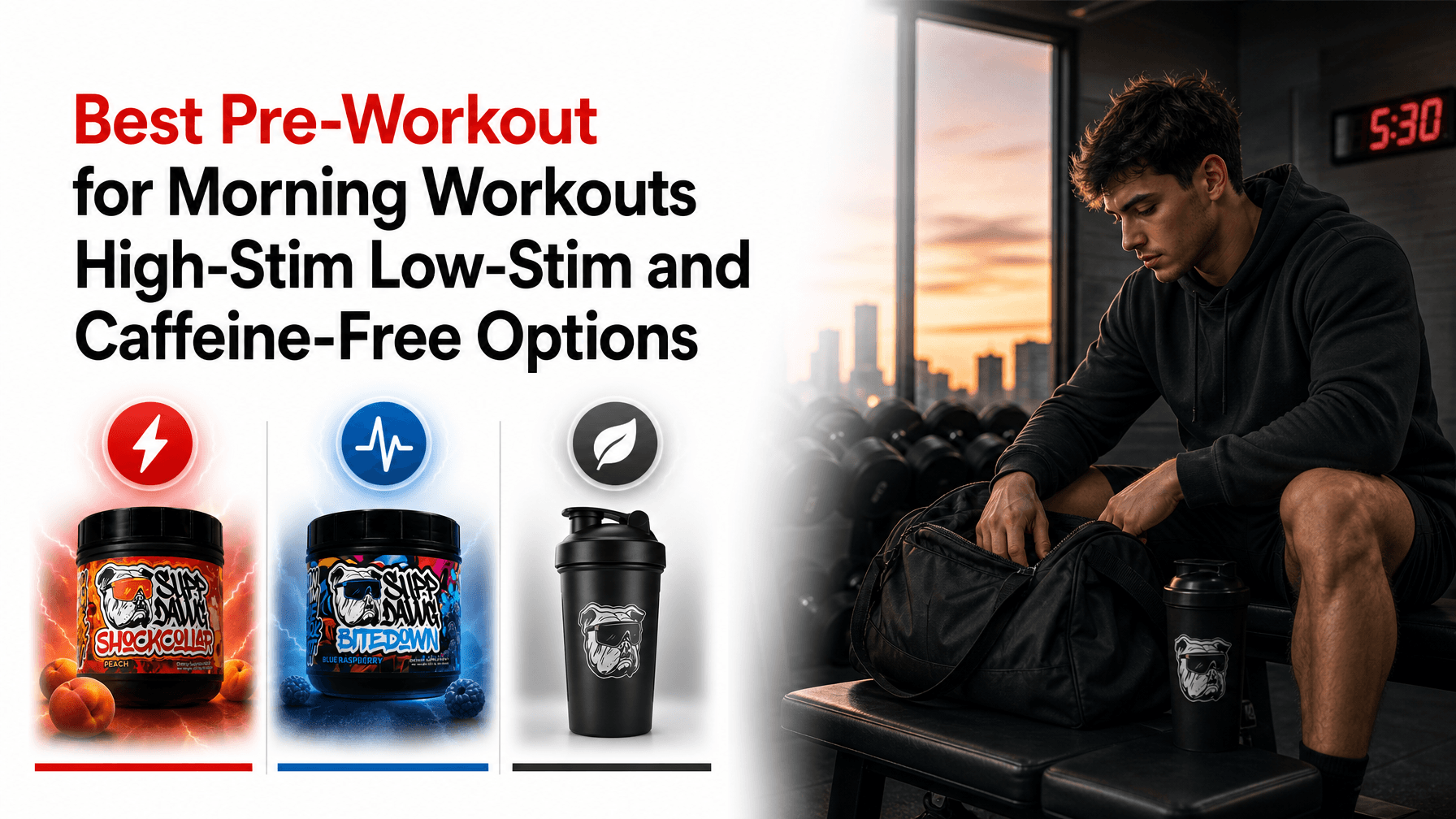 Best Pre-Workout for Morning Workouts image featuring high-stim and low-stim pre-workout products.