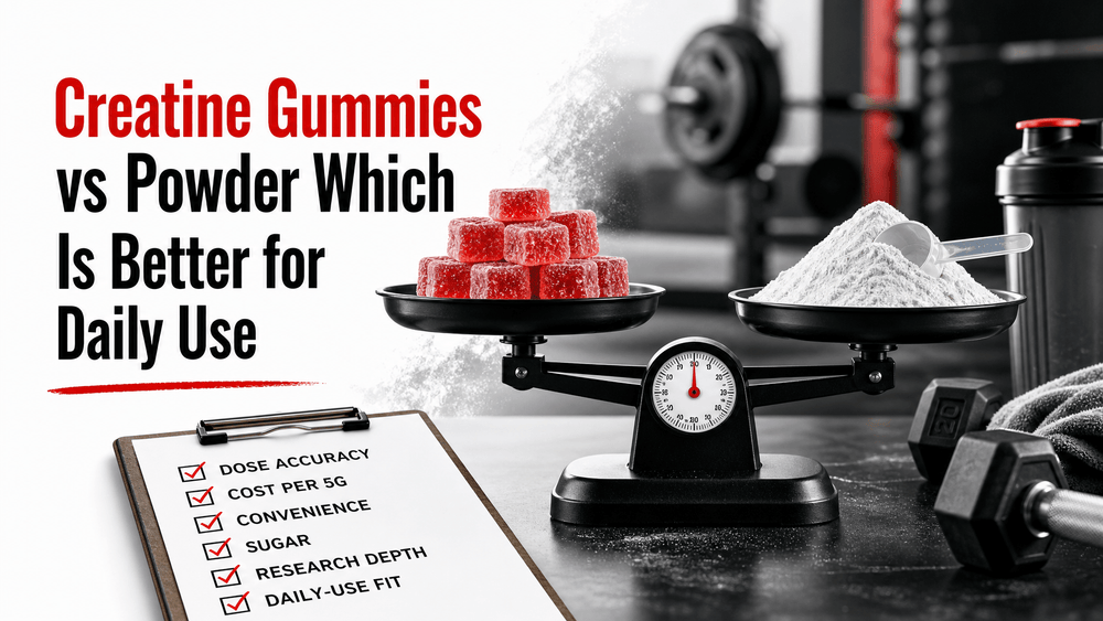 Creatine gummies vs powder for daily use comparison on a scale with a checklist.