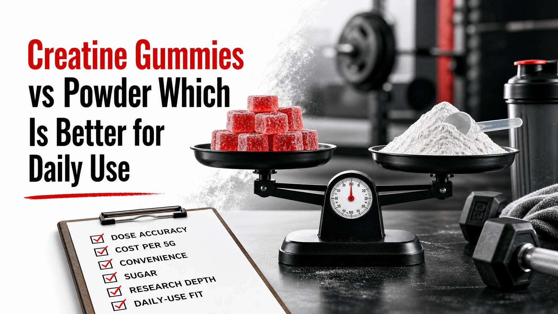 Creatine gummies vs powder for daily use comparison on a scale with a checklist.