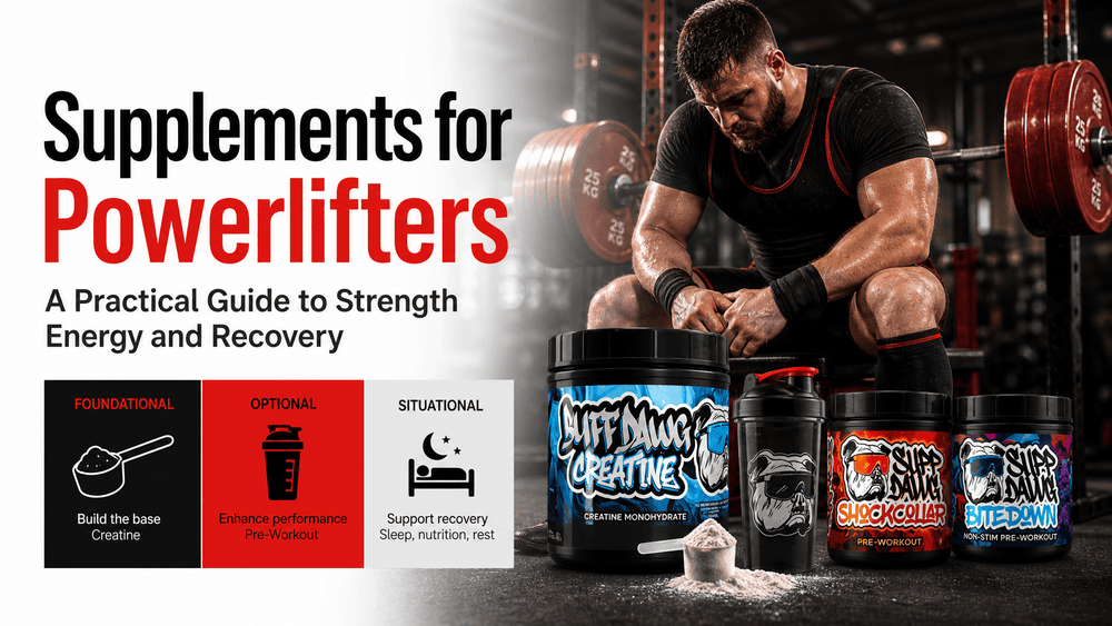 Powerlifting supplements guide showcasing a powerlifter with supplements for strength, energy, and recovery.
