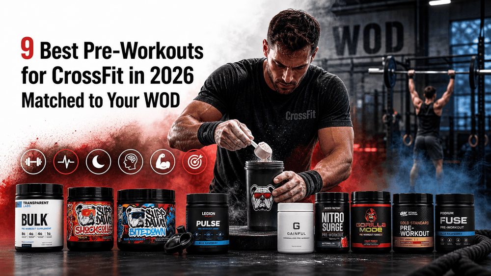 9 Best Pre-Workouts for CrossFit in 2026 showcased in a gym setting with various supplement containers.