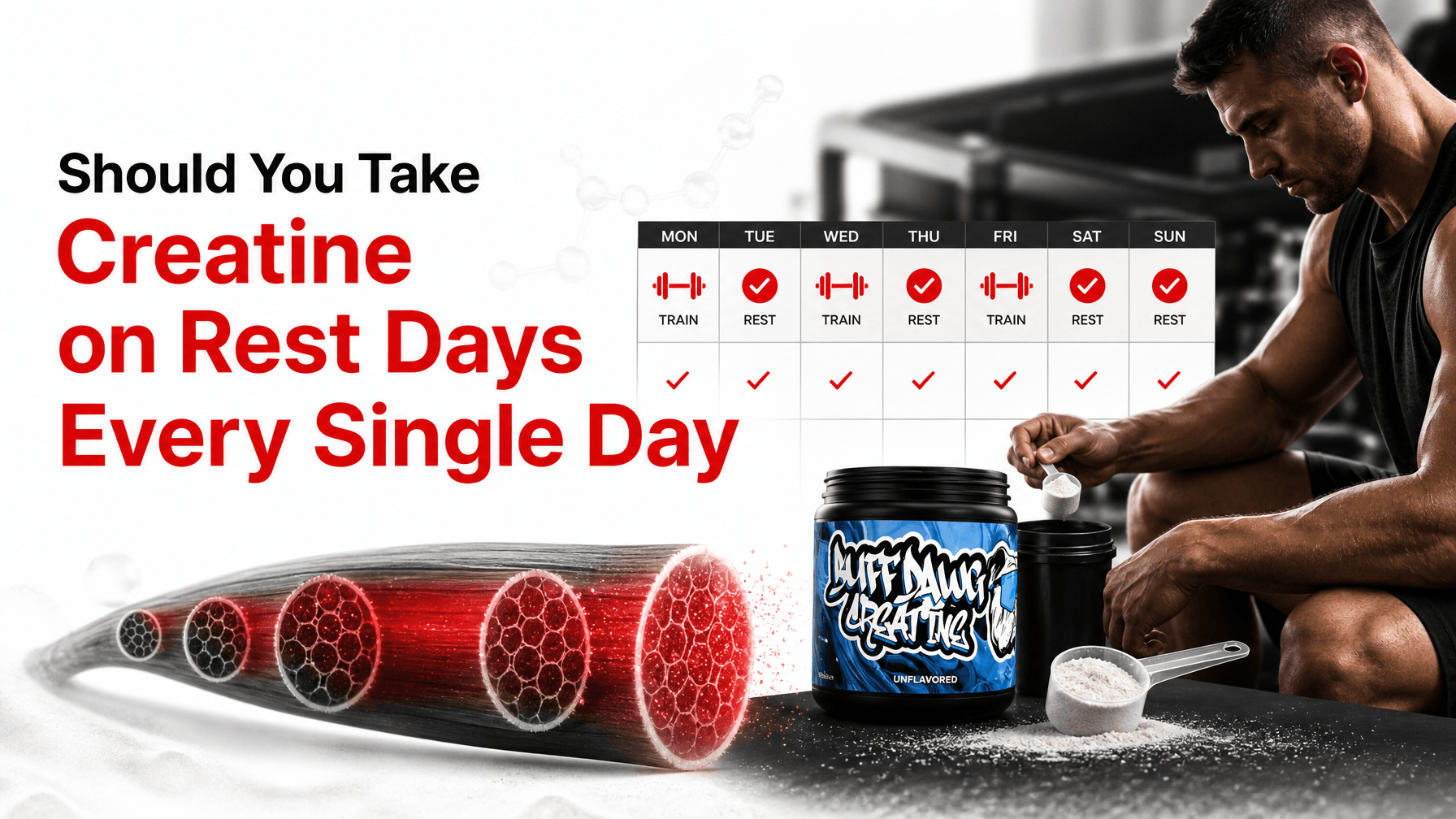 Creatine dosing on rest days guide with workout schedule and supplement container.