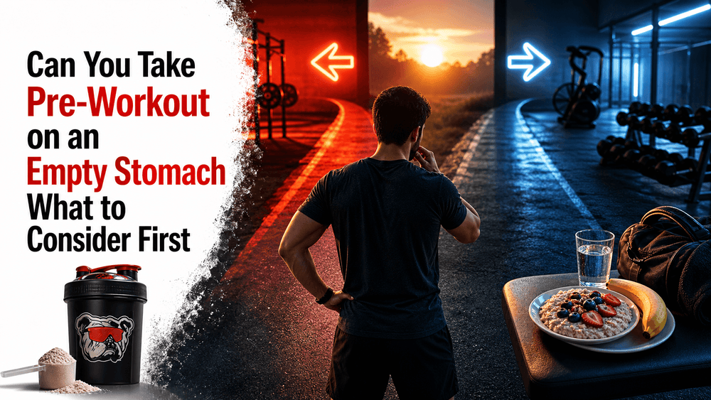 Person considering pre-workout empty stomach considerations with workout gear and breakfast in gym setting.
