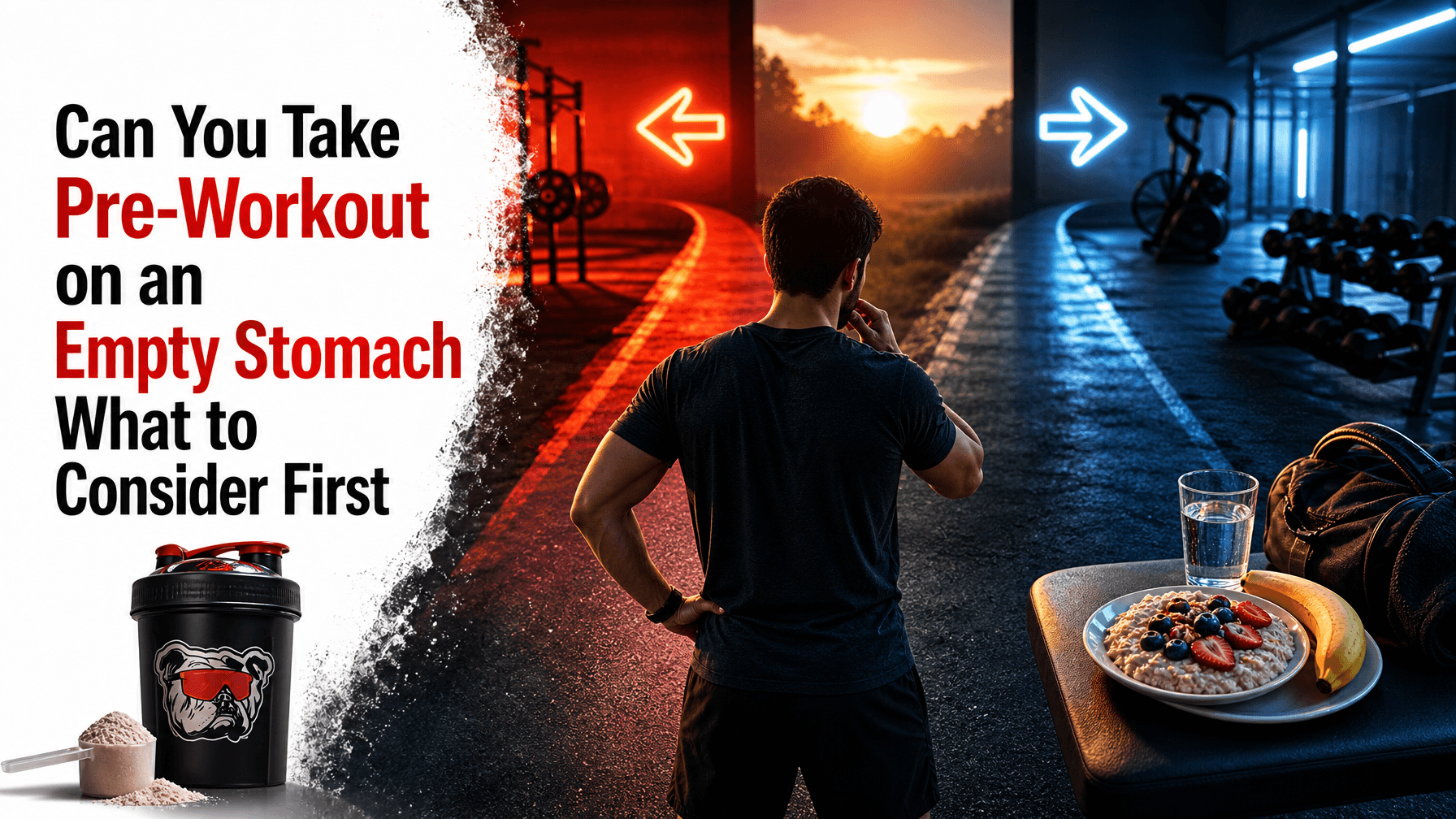 Person considering pre-workout empty stomach considerations with workout gear and breakfast in gym setting.
