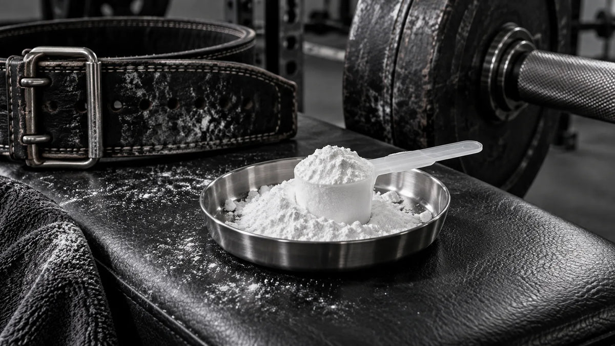 Powder scoop on a gym bench beside a powerlifting belt and barbell; editorial illustration.