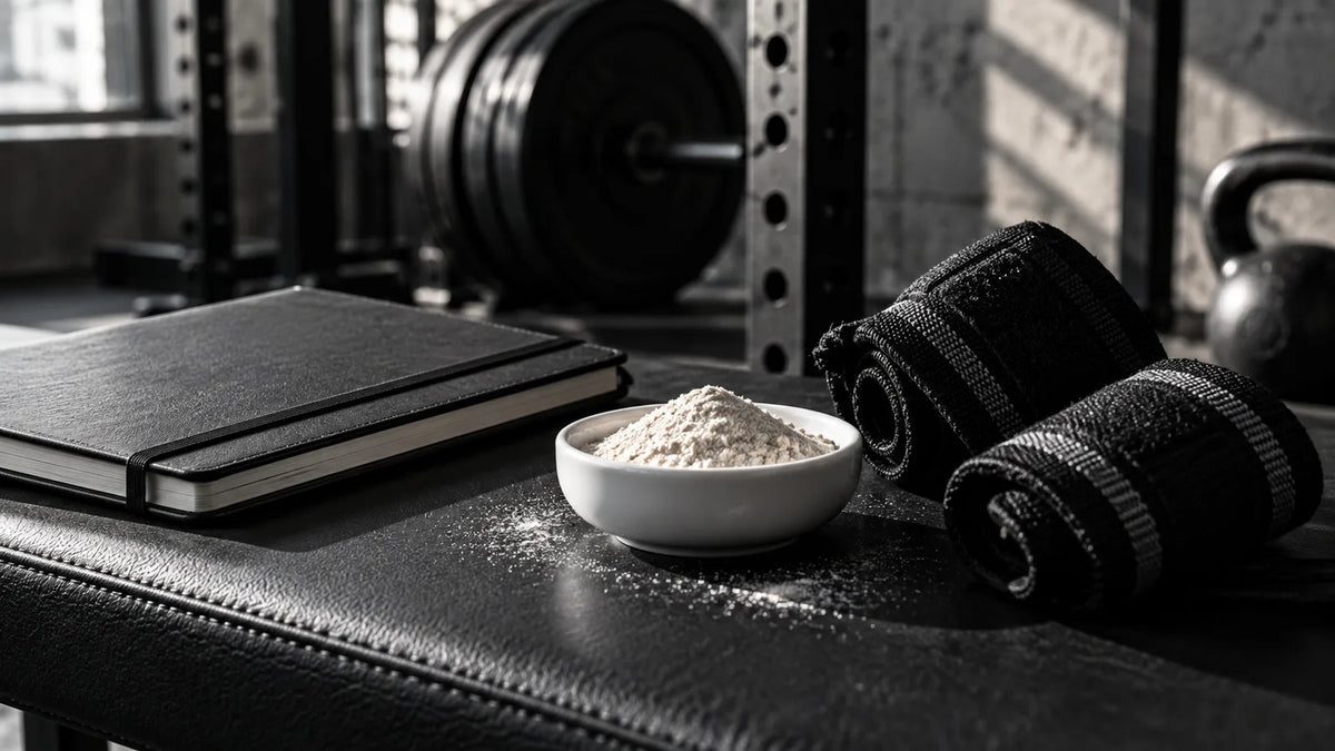Powder in a ceramic dish beside wrist wraps and a training notebook; editorial illustration.