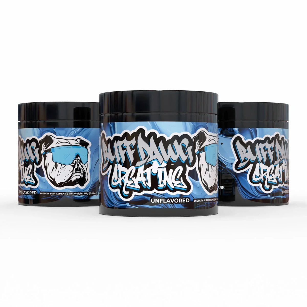 Three Buffdawg unflavored creatine tubs