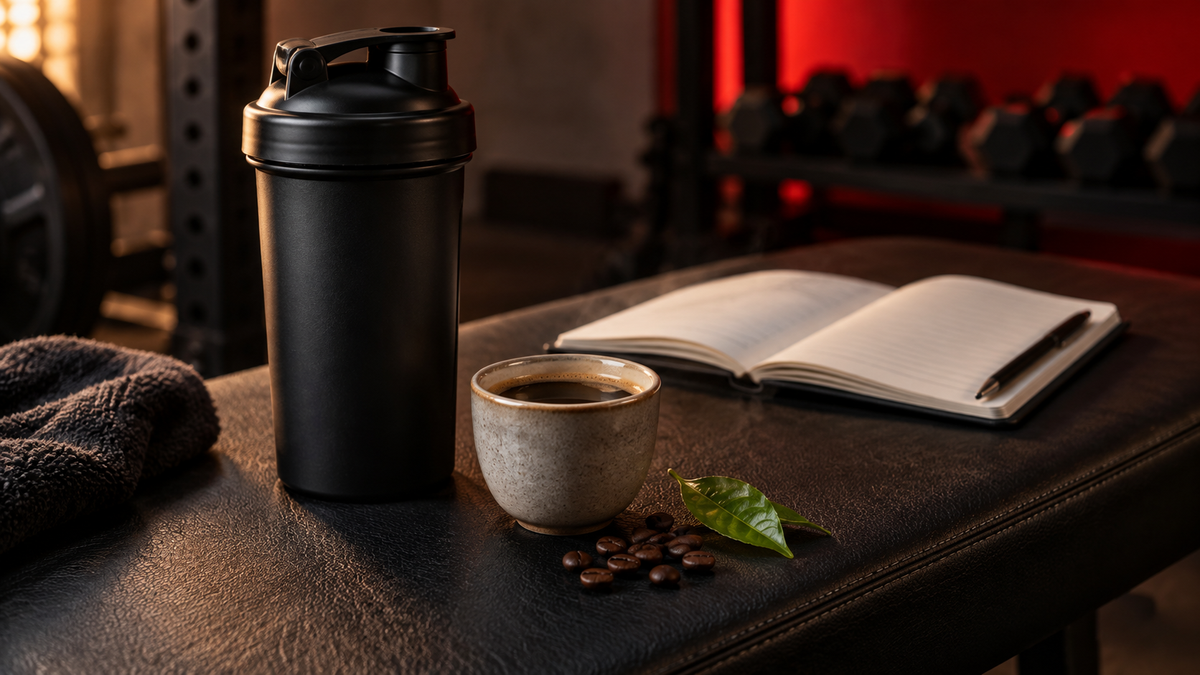 Editorial illustration of a black shaker, coffee cup, coffee beans and tea leaf beside a training notebook