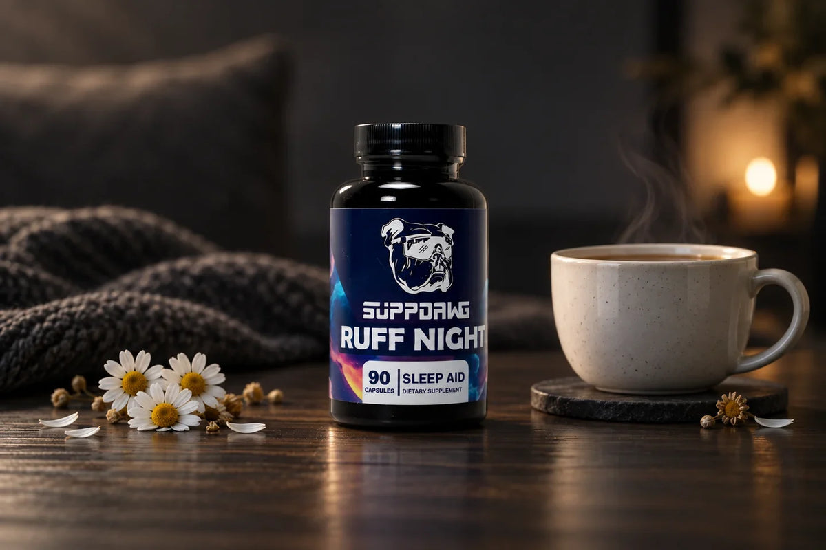 Ruff Night bottle beside a ceramic tea cup and chamomile flowers