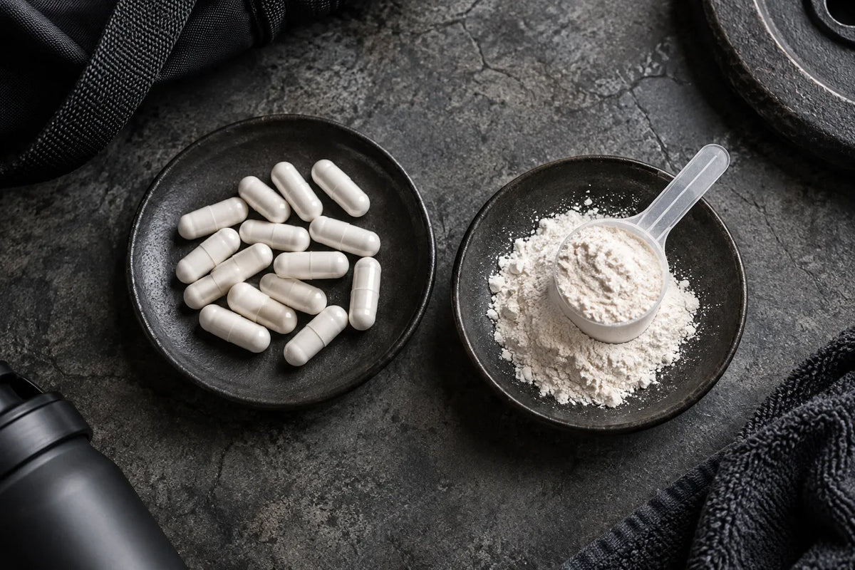 White capsules and a scoop of powder on dark dishes; AI-generated editorial illustration.