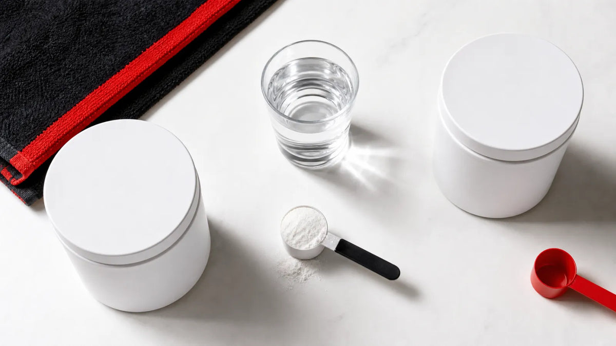 Illustration of two separate supplement containers, scoops and a glass of water