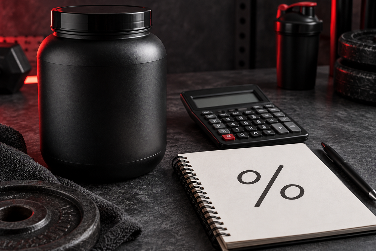 Illustrative supplement tub, calculator and percent symbol notebook