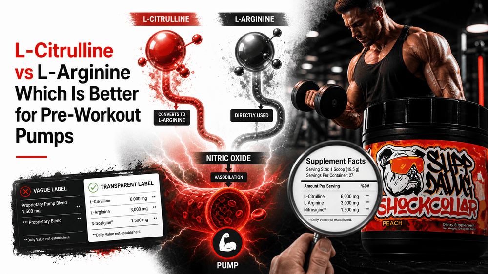 L-Citrulline vs L-Arginine for workouts comparison, supplement facts, pre-workout pumps visual.