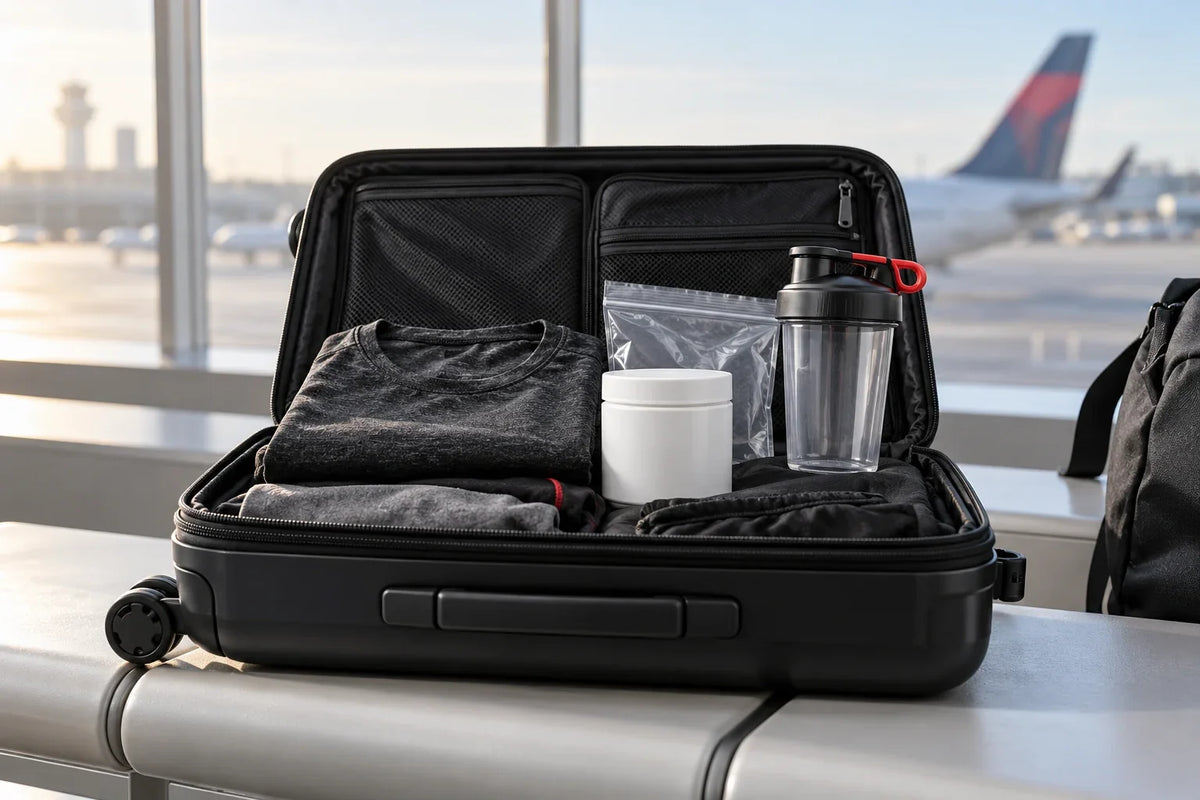 AI-generated editorial illustration of an open carry-on with gym clothes, a sealed unbranded powder tub and an empty shaker at an airport