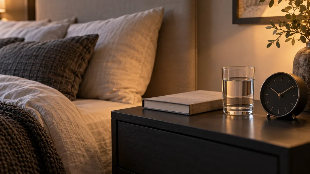 A glass of water, book and clock on a softly lit bedside table; editorial illustration.