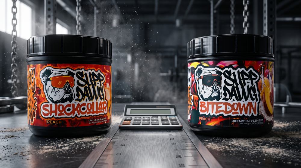 Shock Collar and Bite Down pre-workout tubs beside a calculator for cost-per-serving comparison