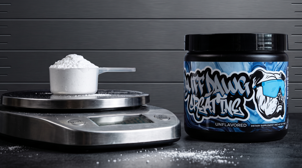 Buffdawg Creatine Daily Blend beside a measured scoop on a digital scale