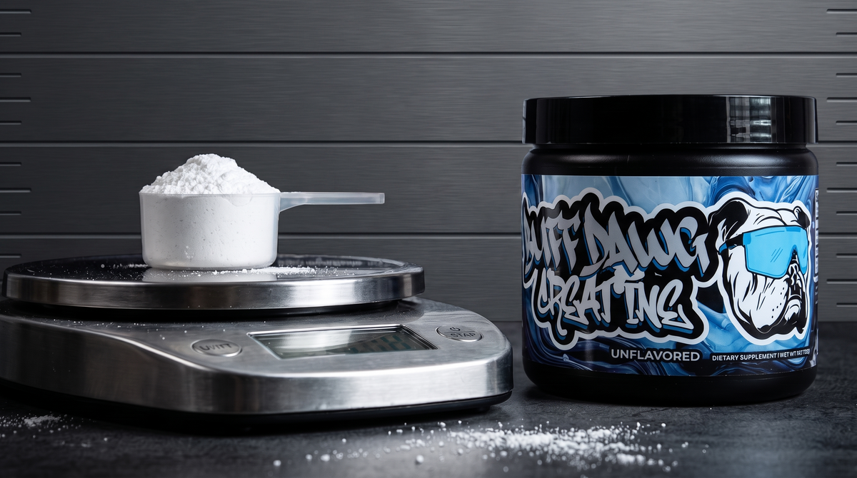 Buffdawg Creatine Daily Blend beside a measured scoop on a digital scale
