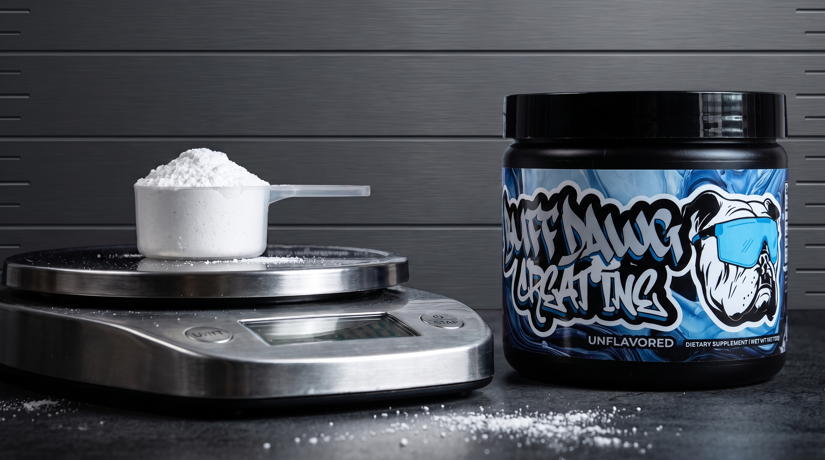 Buffdawg Creatine Daily Blend beside a measured scoop on a digital scale