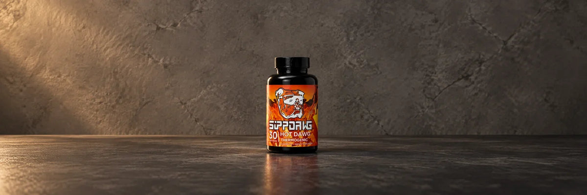HotDawg bottle on a dark studio counter; composition created from SuppDawg product photography