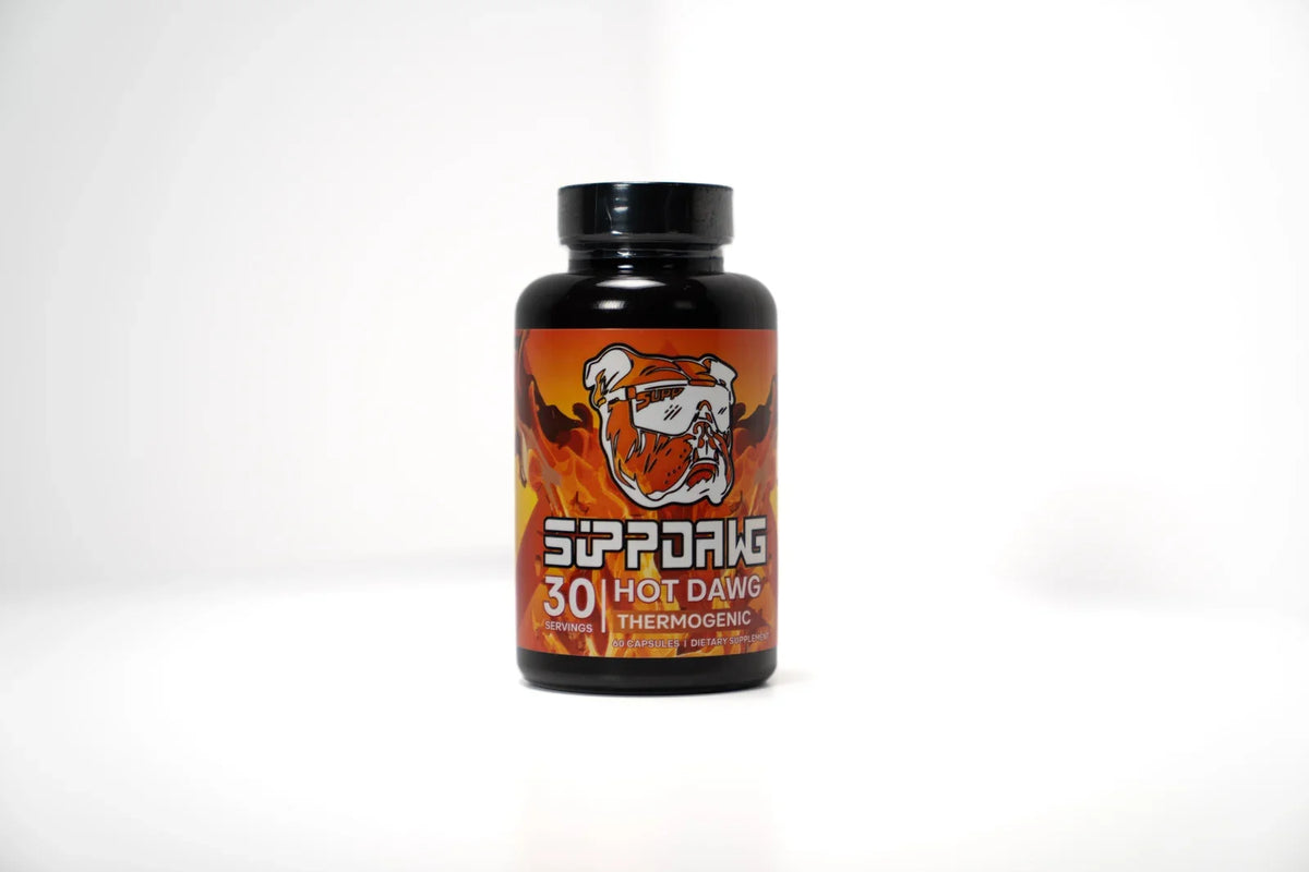HotDawg thermogenic supplement bottle photographed on a light background