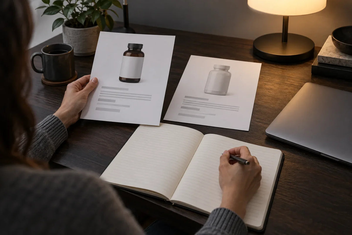 AI-generated scene of a person comparing blank product information sheets and taking notes.