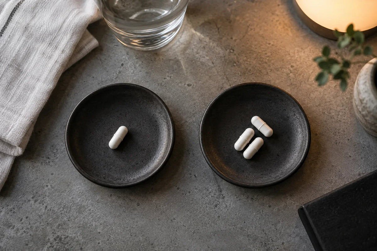 AI-generated editorial illustration of white capsules separated onto two dishes; not dosing instructions.