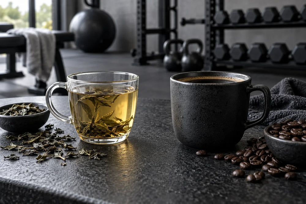 Tea and coffee on a dark counter with gym equipment in the background; AI-generated editorial illustration.