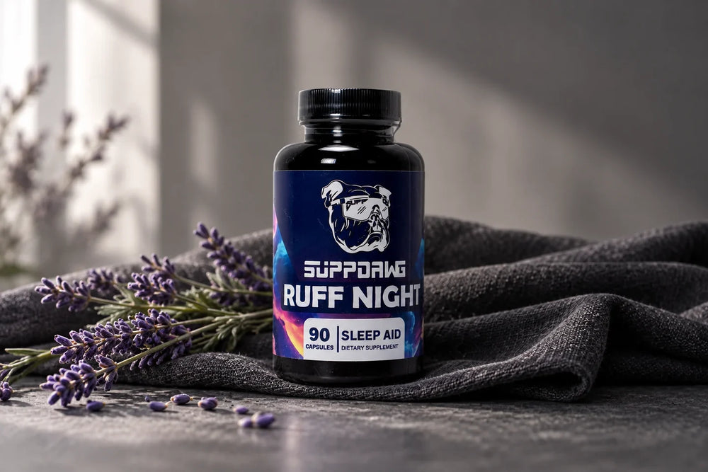 Ruff Night bottle with lavender sprigs on folded charcoal fabric