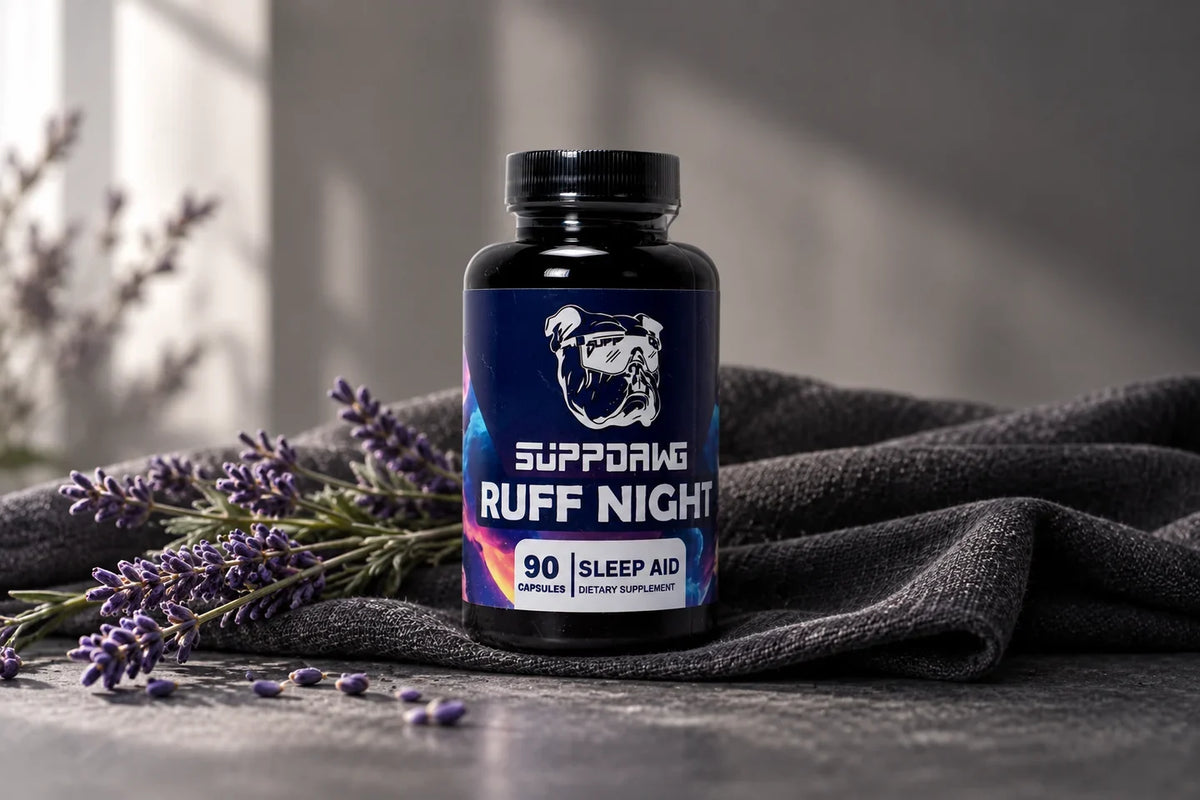 Ruff Night bottle with lavender sprigs on folded charcoal fabric