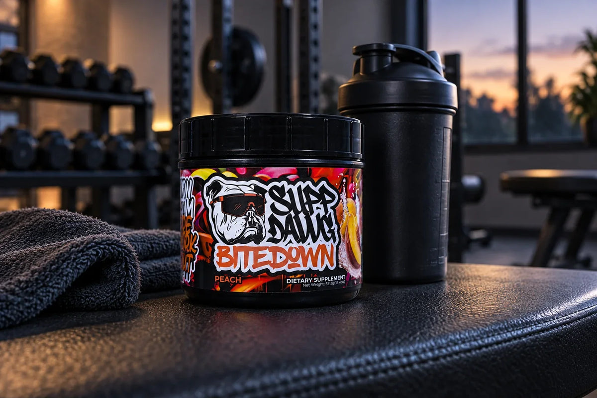 AI-assisted editorial image of Bite Down Peach and a shaker in an evening gym