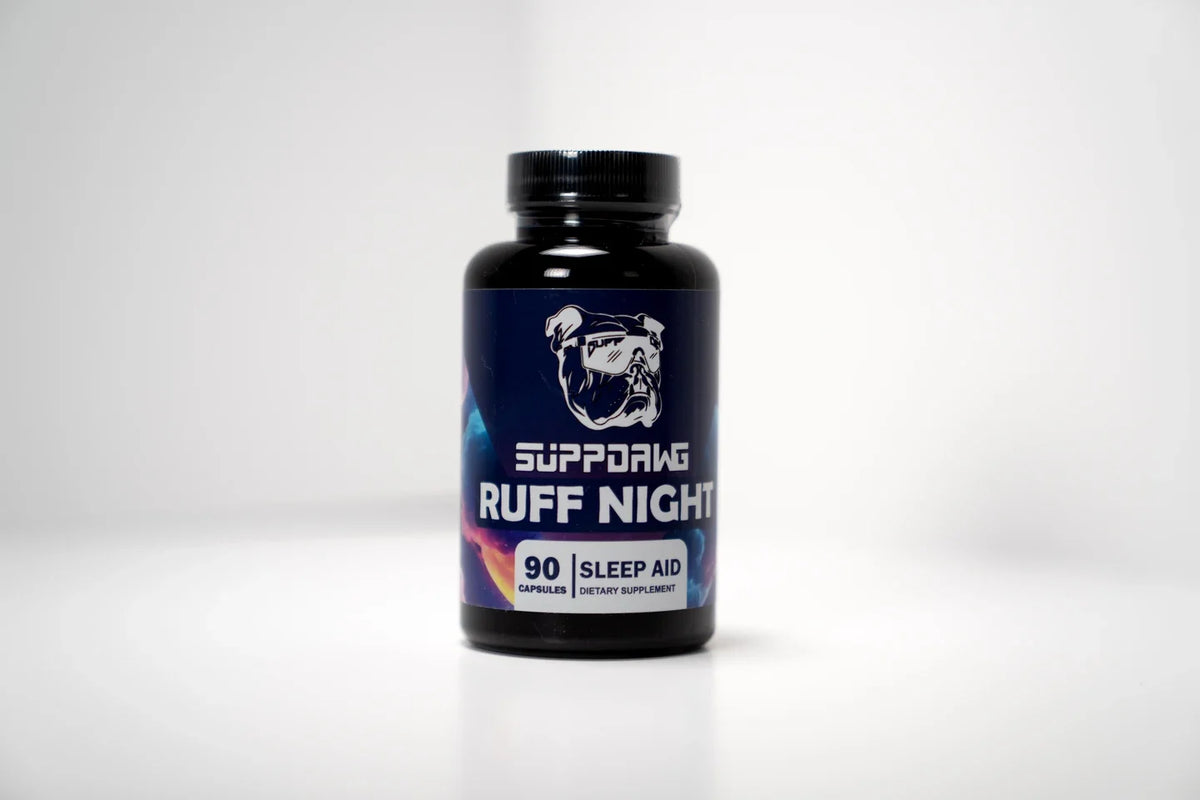 Authentic front-label photograph of Ruff Night melatonin-free evening capsules