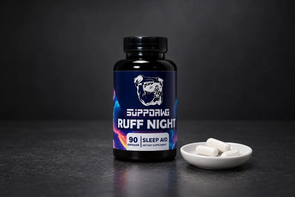 Ruff Night bottle with three white capsules on a small white dish