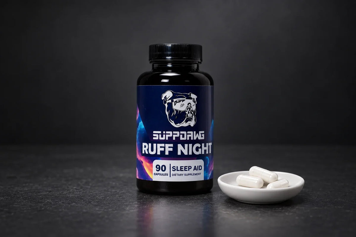 Ruff Night bottle with three white capsules on a small white dish