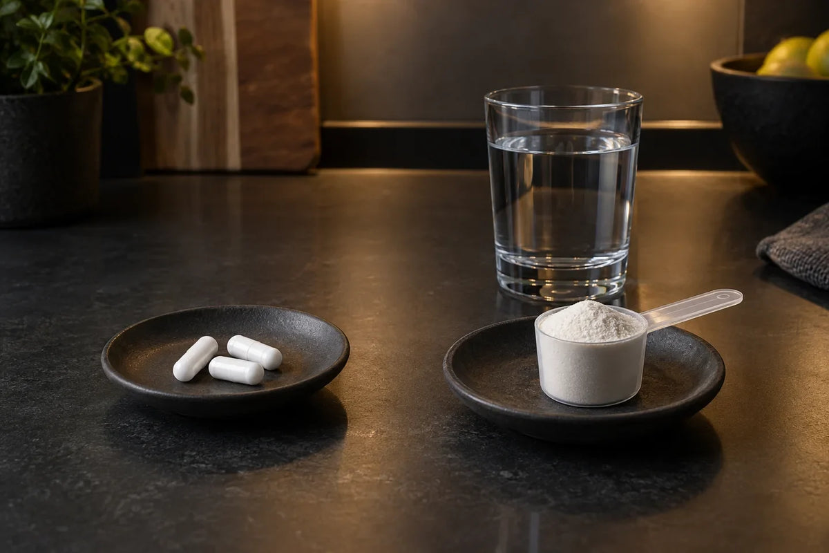 AI-generated editorial scene comparing capsule and powder formats on separate dishes.