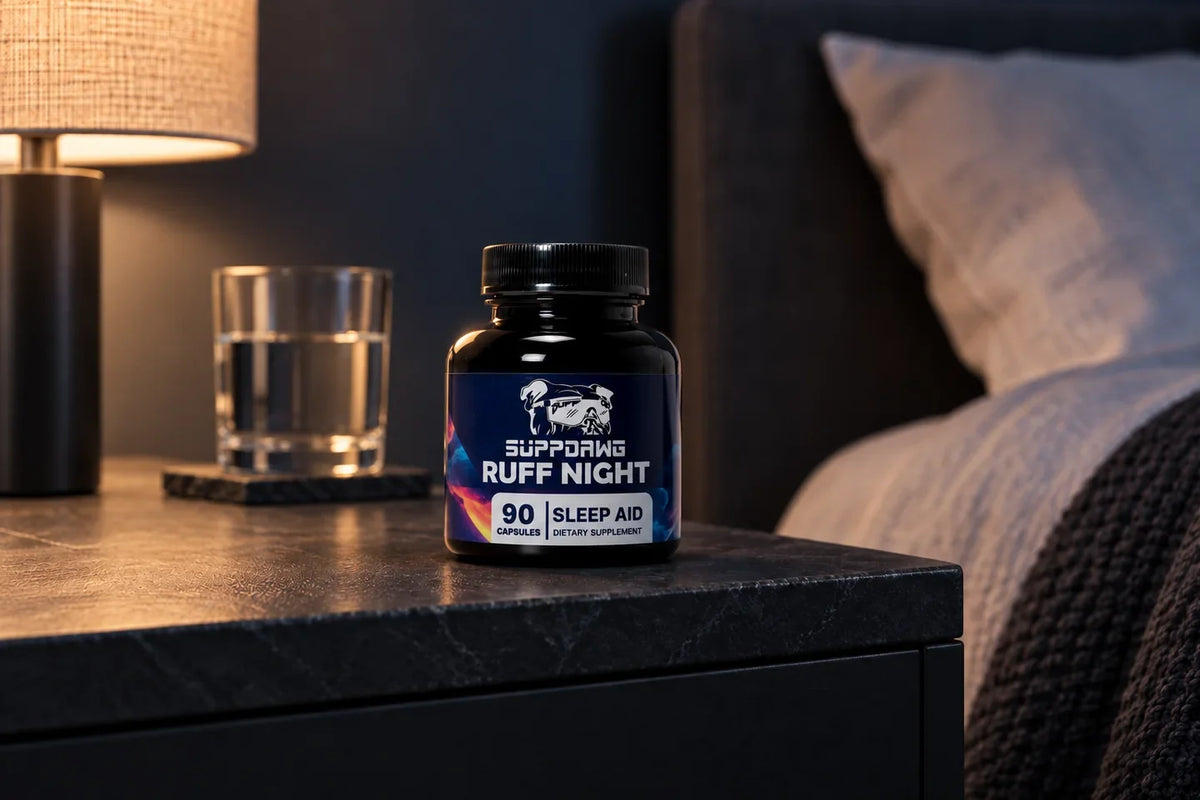 AI-assisted scene of a Ruff Night bottle beside water and a warm bedside lamp.