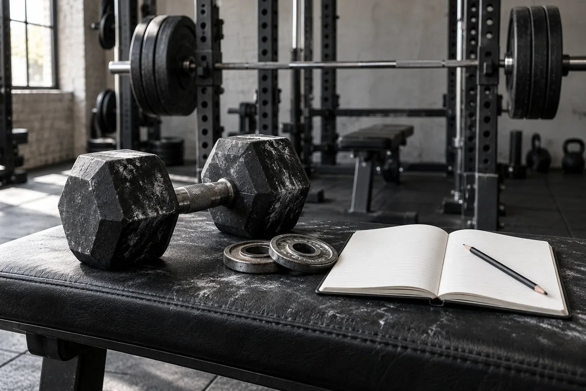 AI-generated editorial scene of a chalked dumbbell, small weight plates and a training notebook.