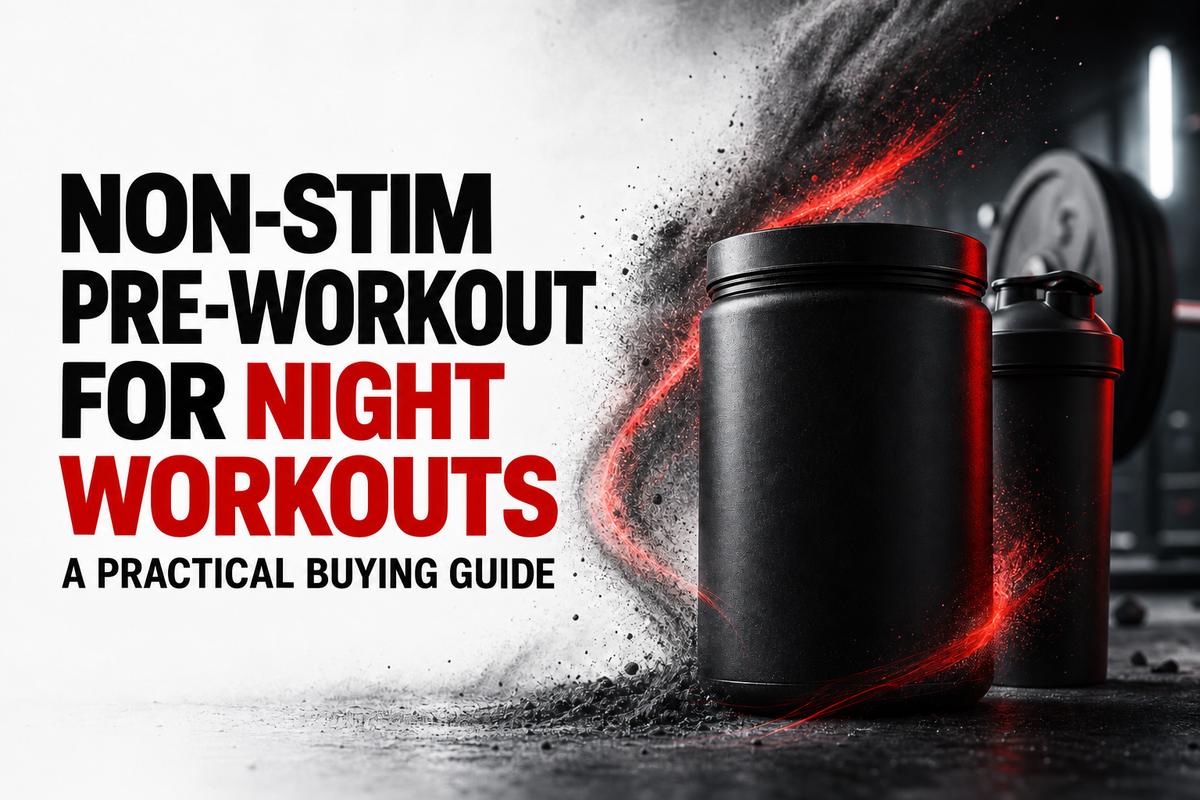 Illustrated non-stim night-workout buying guide with an unbranded tub, shaker and gym plates