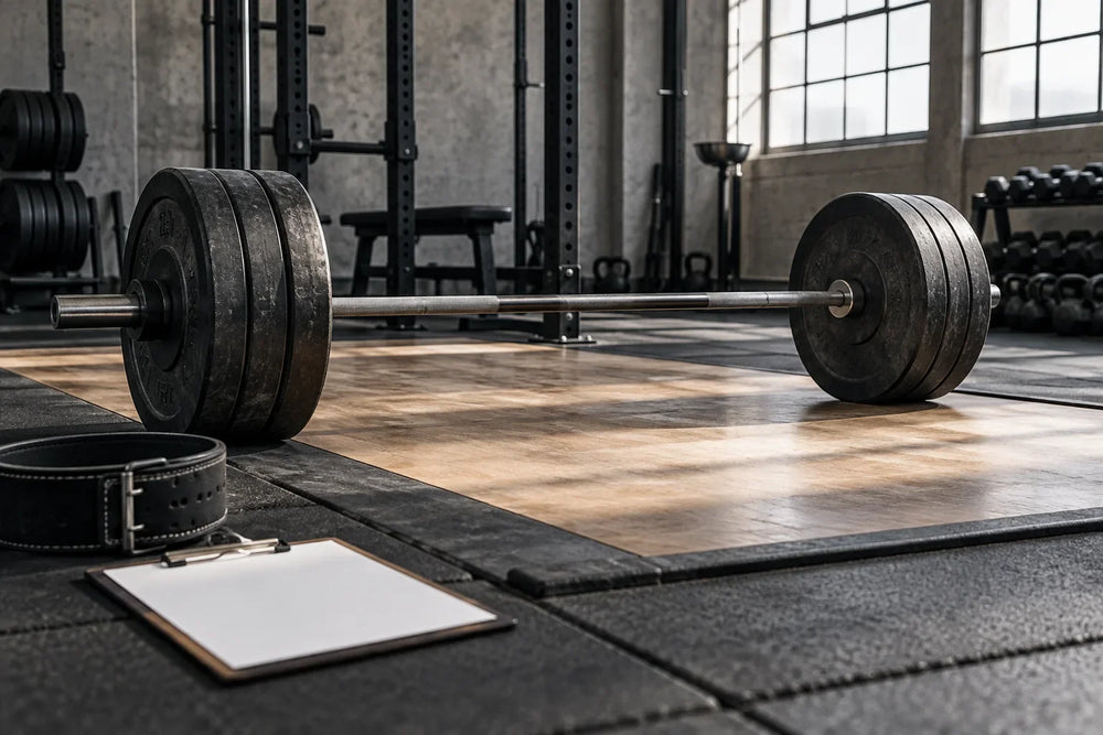 An empty powerlifting platform with a barbell, belt and clipboard; AI-generated editorial illustration.