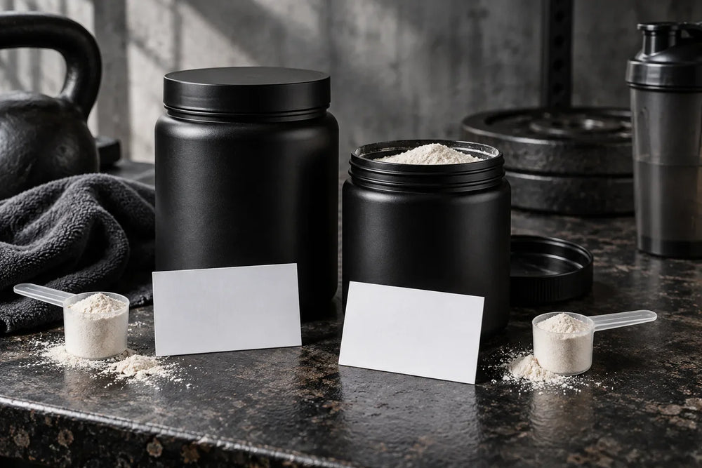 Two unbranded supplement tubs with blank comparison cards; AI-generated editorial illustration.