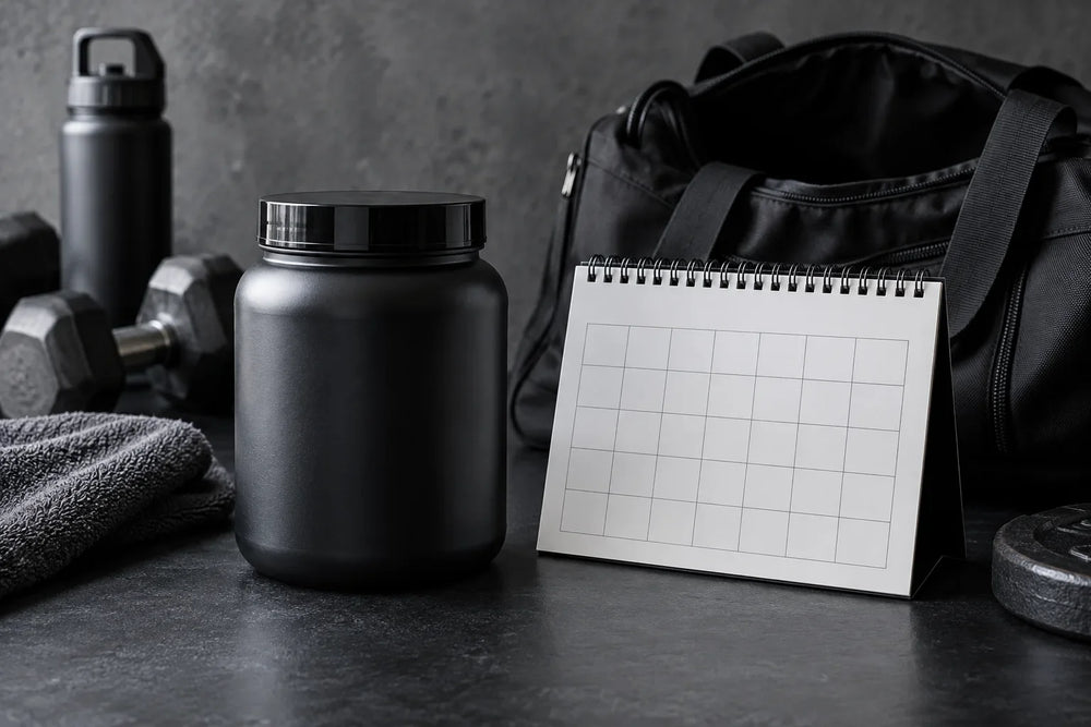 A black supplement tub beside a blank calendar and gym bag; AI-generated editorial illustration.