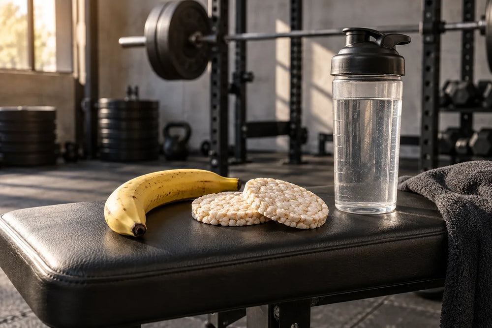 A banana, rice cakes and water shaker on a gym bench; AI-generated editorial illustration.