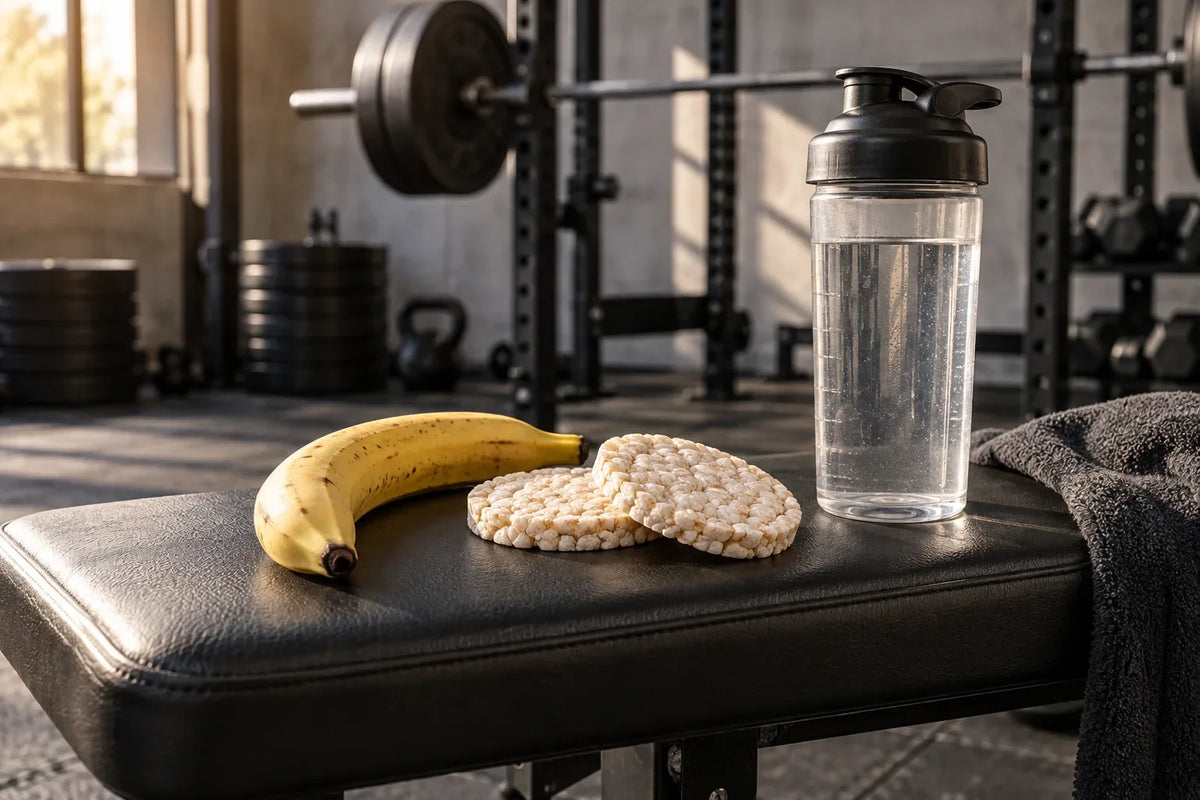 A banana, rice cakes and water shaker on a gym bench; AI-generated editorial illustration.