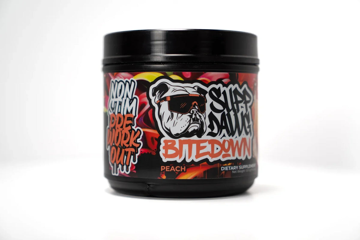 Peach Bite Down non-stim pre-workout tub on a white background