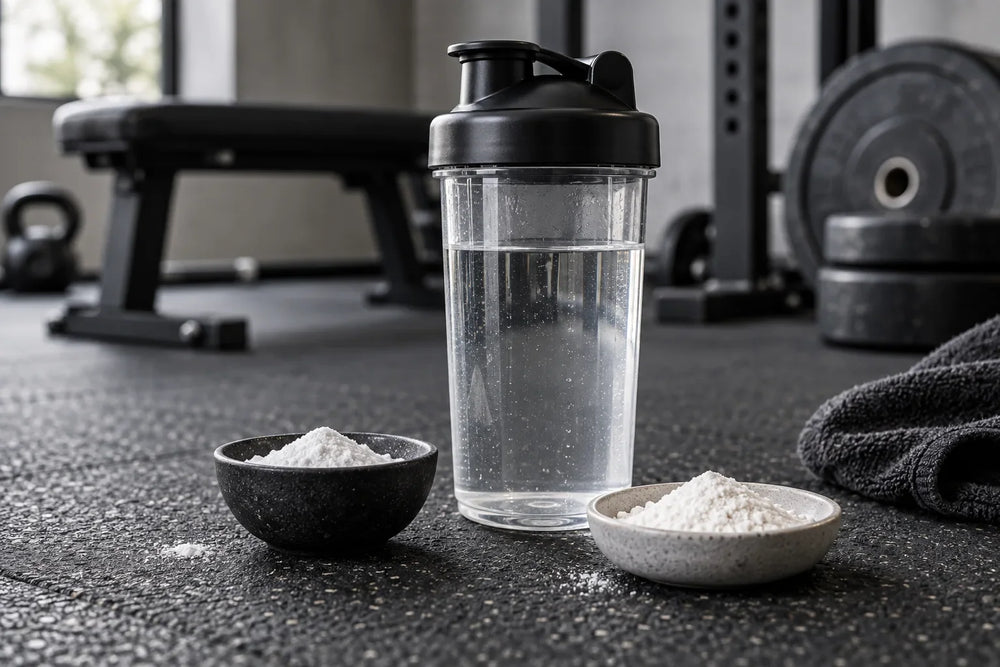 A clear shaker and separate dishes of powder on a gym surface; AI-generated editorial illustration.
