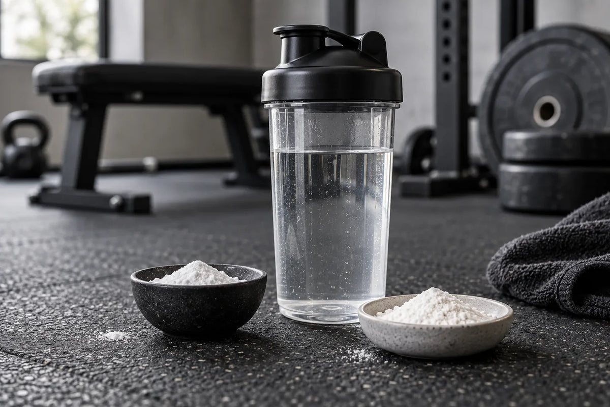 A clear shaker and separate dishes of powder on a gym surface; AI-generated editorial illustration.